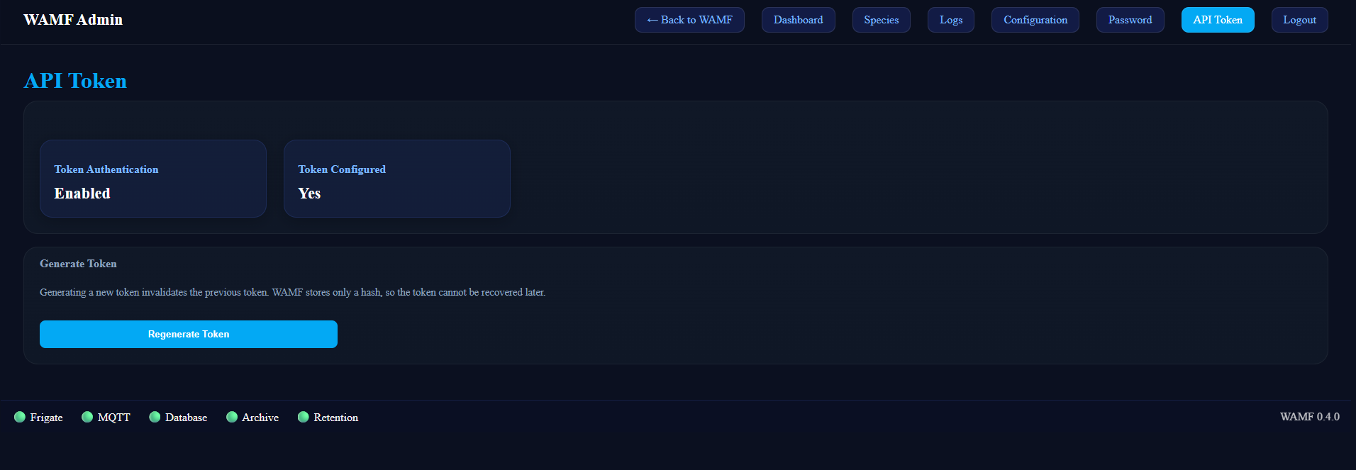 WAMF v0.4.0 API Token administration page