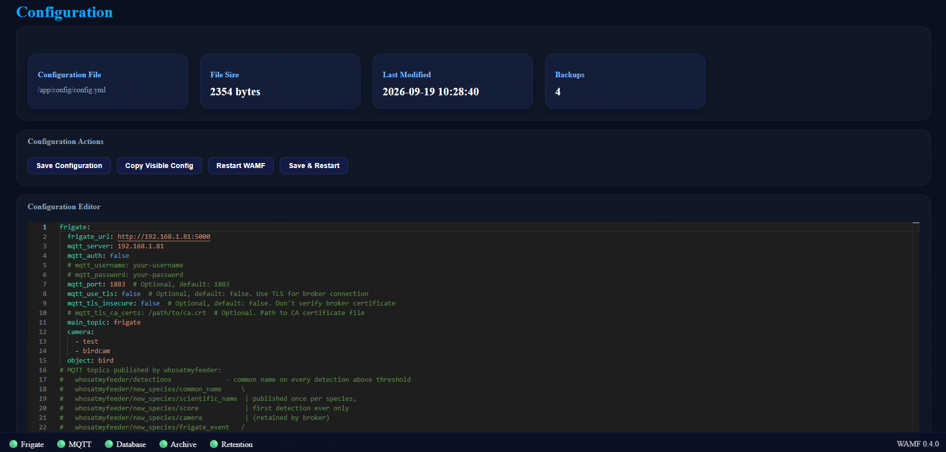 WAMF v0.4.0 Configuration administration page