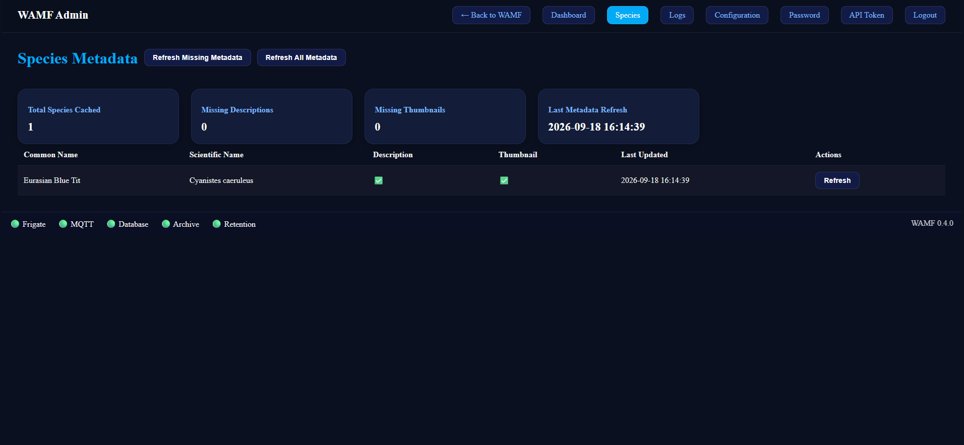 WAMF v0.4.0 Species Metadata administration page