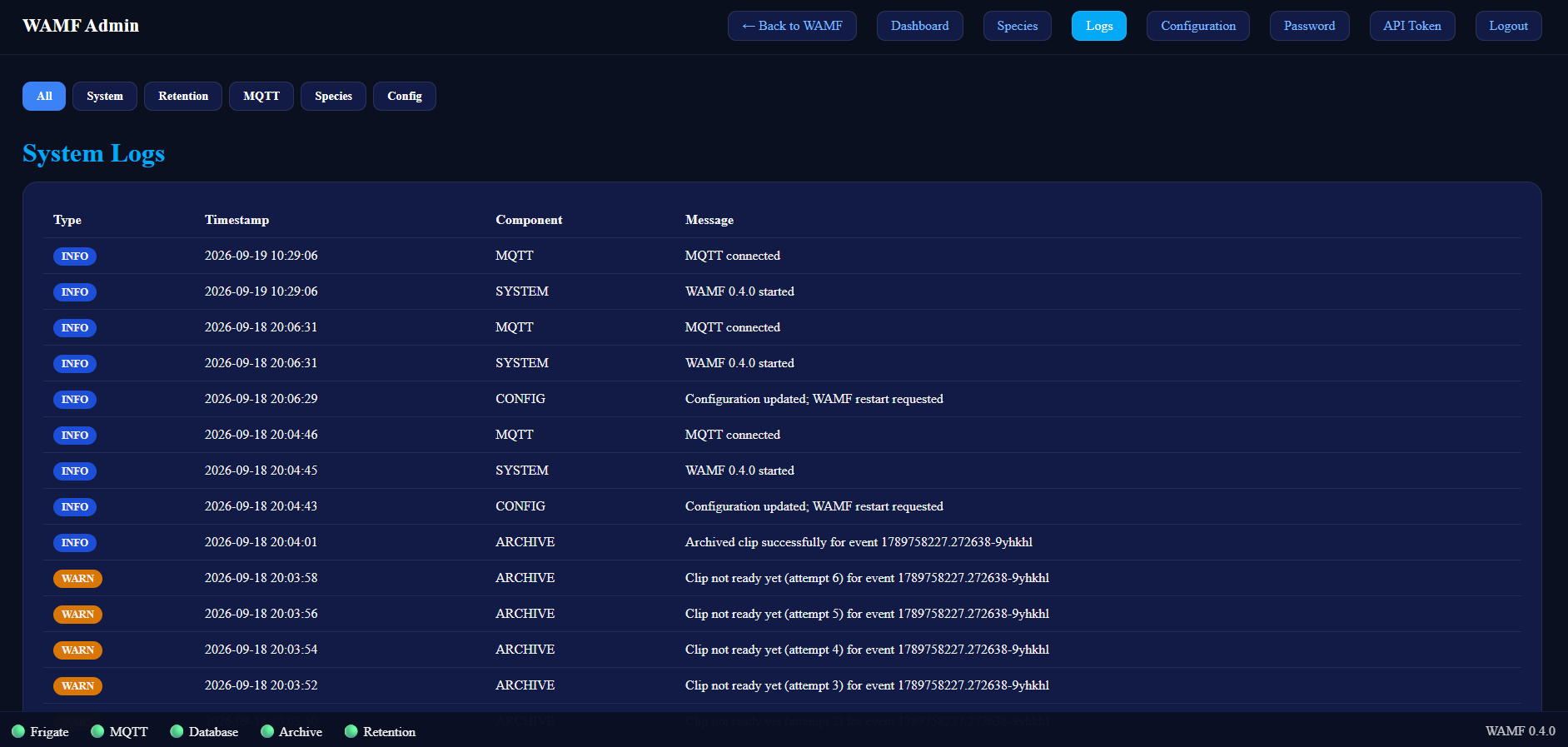 WAMF v0.4.0 System Logs administration page
